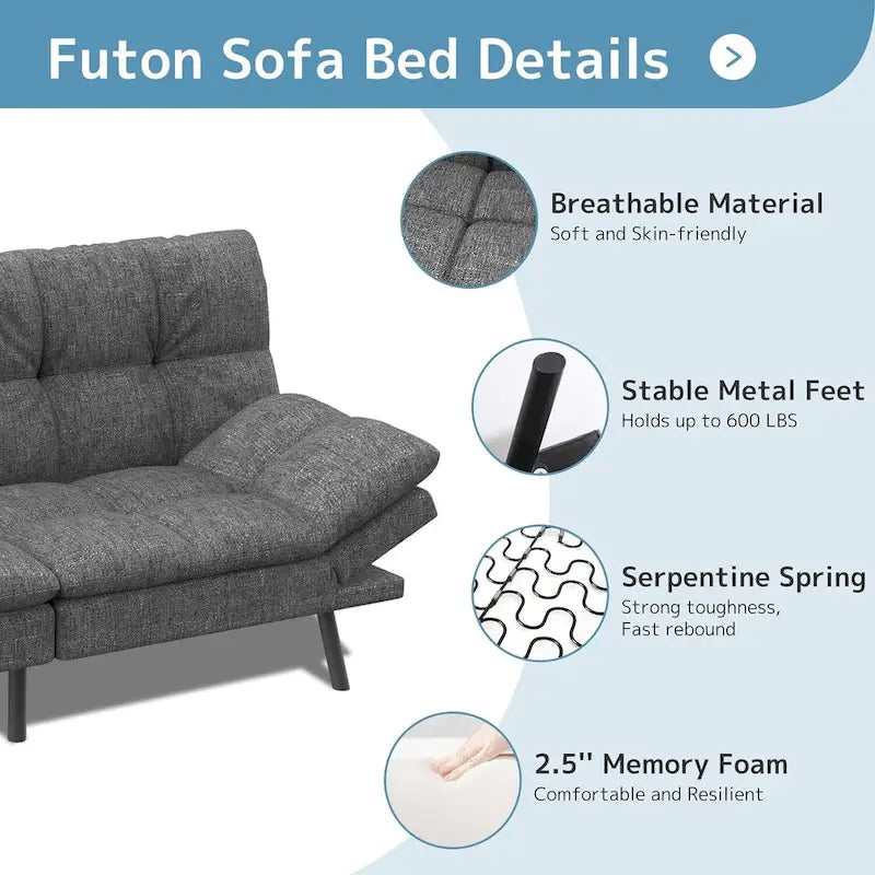 Canapé-lit futon, canapé convertible pliable en mousse à mémoire de forme avec accoudoirs réglables pour petits espaces