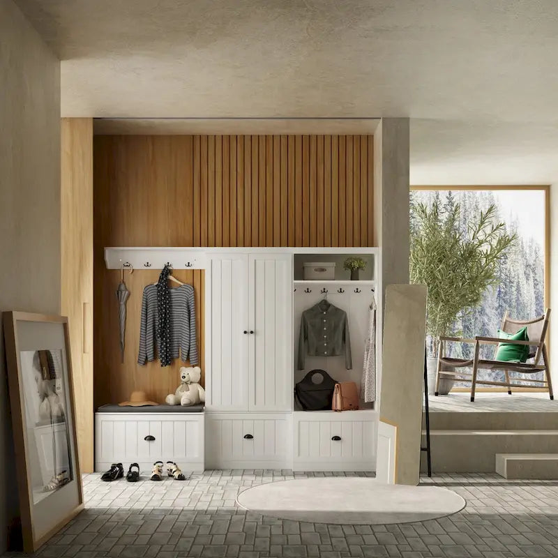 Meuble d'entrée multifonctionnel : banc de rangement, organisateur de placard et portemanteau