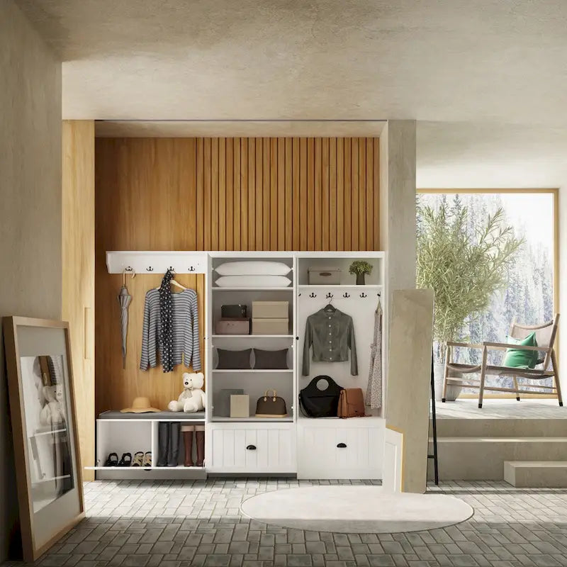 Meuble d'entrée multifonctionnel : banc de rangement, organisateur de placard et portemanteau