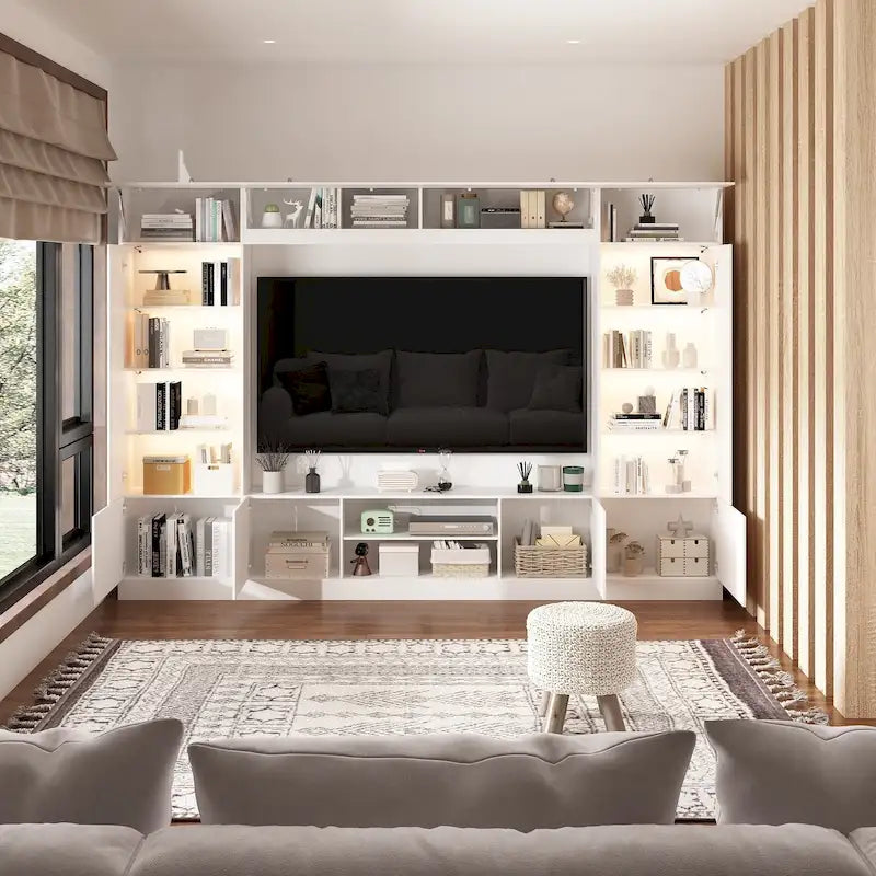 Meuble de rangement pour centre de divertissement avec bibliothèque et éclairage d'ambiance Blanc/Noir