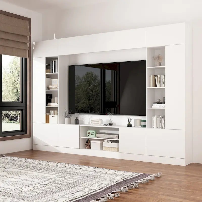 Meuble de rangement pour centre de divertissement avec bibliothèque et éclairage d'ambiance Blanc/Noir