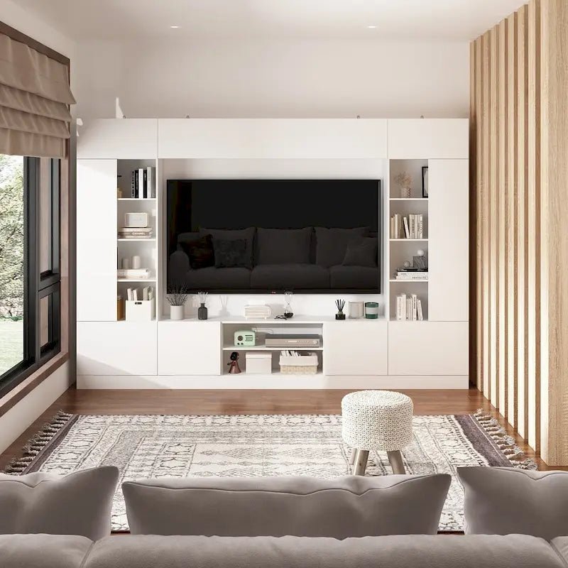 Meuble de rangement pour centre de divertissement avec bibliothèque et éclairage d'ambiance Blanc/Noir