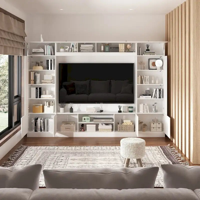 Meuble de rangement pour centre de divertissement avec bibliothèque et éclairage d'ambiance Blanc/Noir