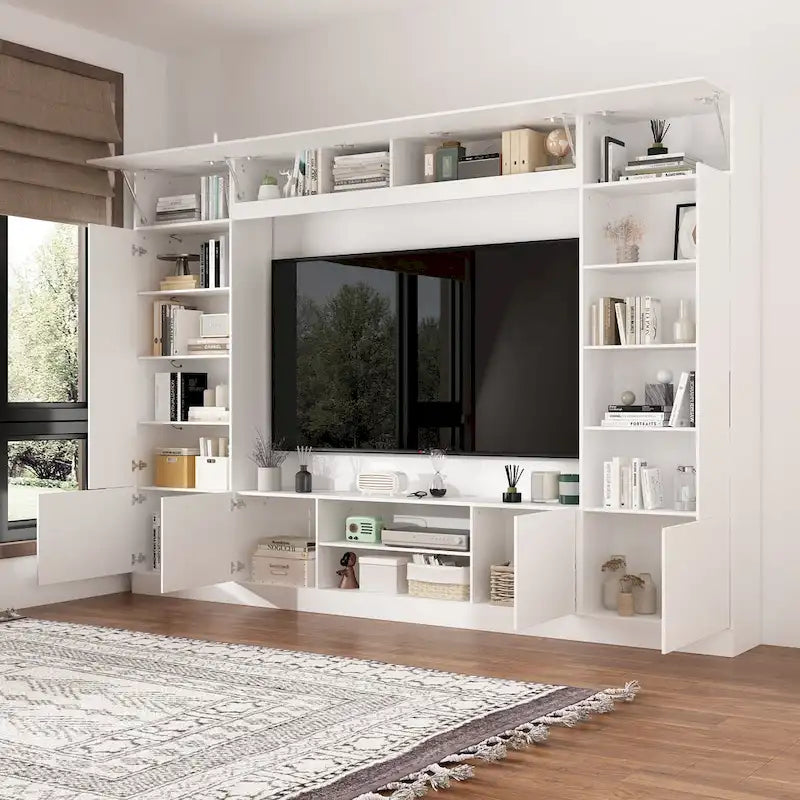 Meuble de rangement pour centre de divertissement avec bibliothèque et éclairage d'ambiance Blanc/Noir