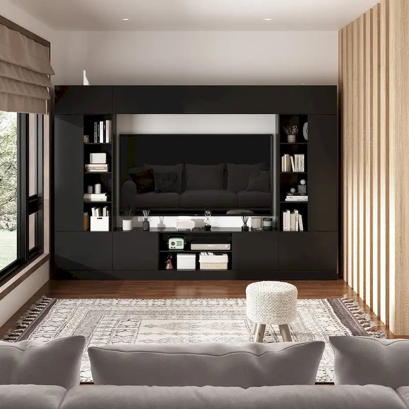 Meuble de rangement pour centre de divertissement avec bibliothèque et éclairage d'ambiance Blanc/Noir