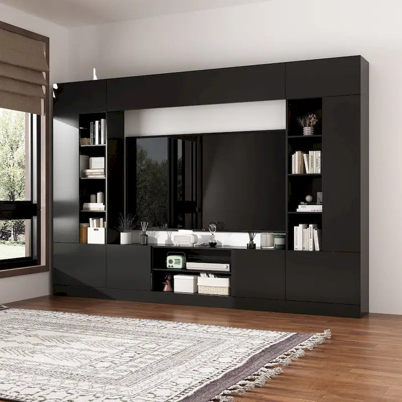 Meuble de rangement pour centre de divertissement avec bibliothèque et éclairage d'ambiance Blanc/Noir