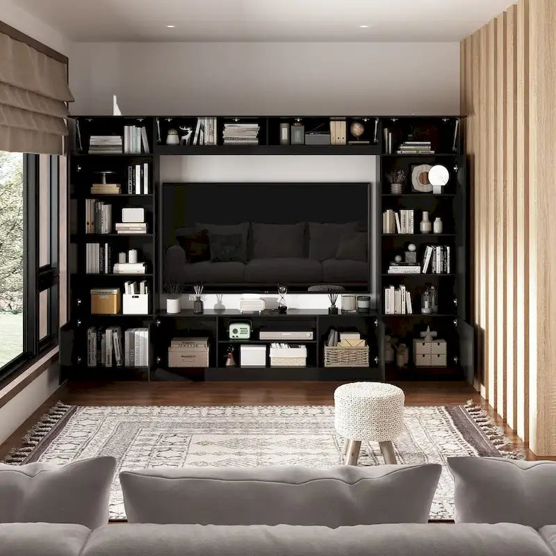 Meuble de rangement pour centre de divertissement avec bibliothèque et éclairage d'ambiance Blanc/Noir