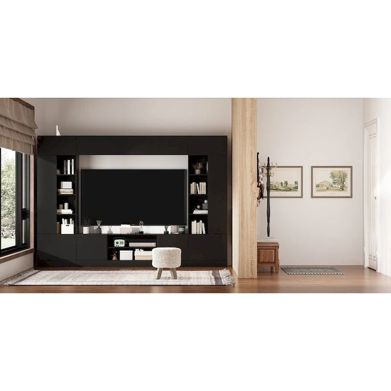 Meuble de rangement pour centre de divertissement avec bibliothèque et éclairage d'ambiance Blanc/Noir