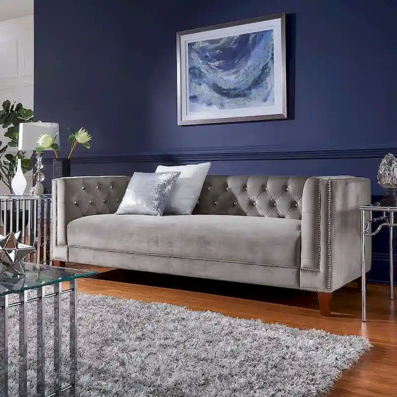 Layla Jewel-tuft Grey Velvet Seating with Nailhead par iNSPIRE Q Bold