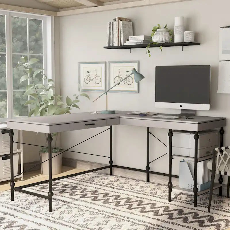 Bureau d'ordinateur d'angle en métal de 149,86 cm Haley Farmhouse avec ports USB par Furniture of America