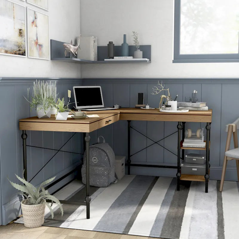 Bureau d'ordinateur d'angle en métal de 149,86 cm Haley Farmhouse avec ports USB par Furniture of America