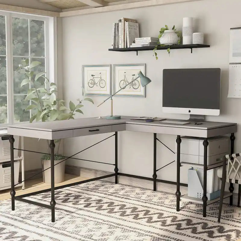 Bureau d'ordinateur d'angle en métal de 149,86 cm Haley Farmhouse avec ports USB par Furniture of America