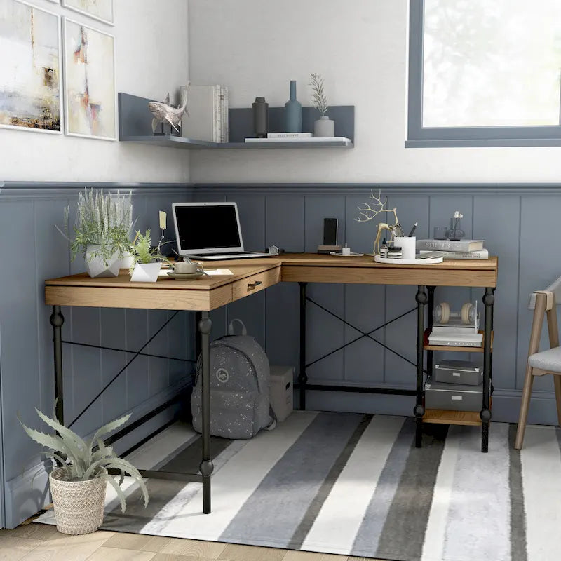 Bureau d'ordinateur d'angle en métal de 149,86 cm Haley Farmhouse avec ports USB par Furniture of America