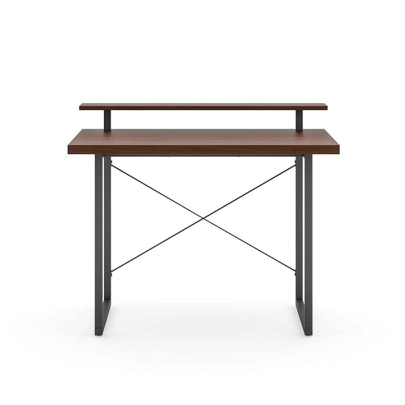 Bureau en bois marron avec support d'écran