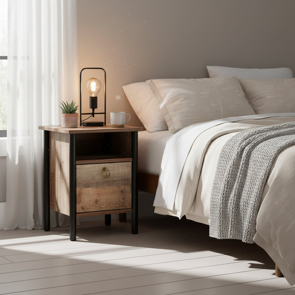 Vaughan Modern Rustic Oak Brown and Black Finished Wood Nightstand