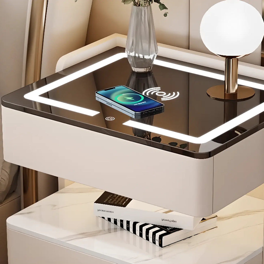 Table de chevet avec rangement à tiroirs, recharge sans fil et éclairage LED