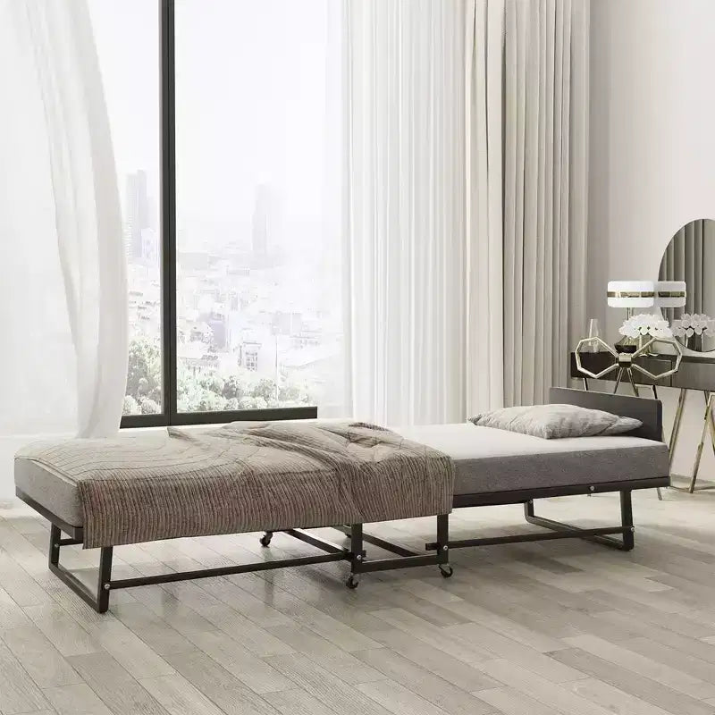 Lit pliant avec matelas, Lits d'appoint portables avec 4 roues, Matelas en mousse et cadre en métal, Lit roulant gain de place de la taille d'un lit de camp pour chambre d'amis à la maison