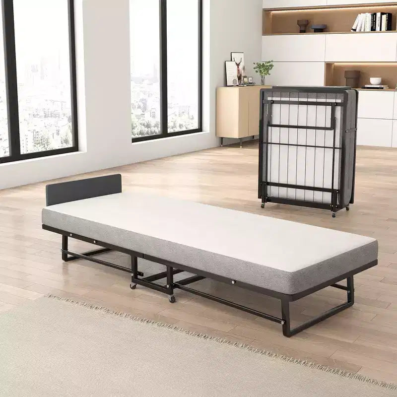 Lit pliant avec matelas, Lits d'appoint portables avec 4 roues, Matelas en mousse et cadre en métal, Lit roulant gain de place de la taille d'un lit de camp pour chambre d'amis à la maison
