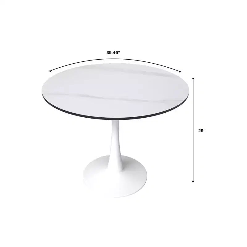 Table à manger ronde LeisureMod Bristol 35 - Plateau en pierre frittée - Table d'appoint de café et base de piédestal robuste en acier blanc pour cuisine et petits espaces