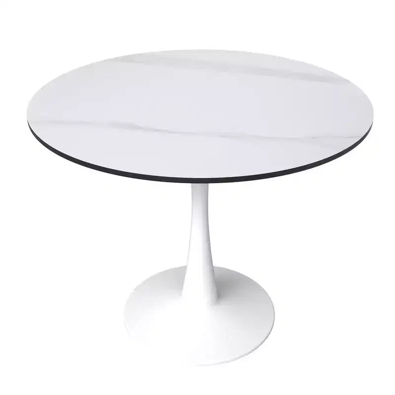 Table à manger ronde LeisureMod Bristol 35 - Plateau en pierre frittée - Table d'appoint de café et base de piédestal robuste en acier blanc pour cuisine et petits espaces