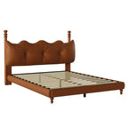 Cadre de lit Queen/King en cuir PU avec tête de lit capitonnée ondulée, de style moderne du milieu du siècle et vintage, Café - ModernLuxe