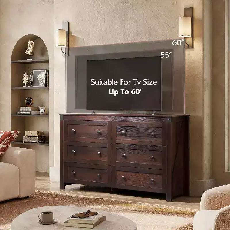 Commode en bois à 6 tiroirs GALAXHERO Farmhouse, organiseur de rangement de 134,8 cm de large avec double poignée rustique Meuble TV pour téléviseur de 60 pouces