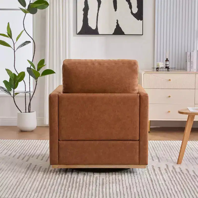 Fauteuil pivotant Etokfoks 30,7 pouces de large en PU marron, avec accoudoirs carrés, fauteuil de salon 360 degrés pour chambre à coucher