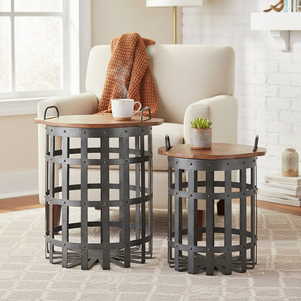 Industrial Grid Galvanized Accent End Table with Round Lid and Handles, Set of 2, Gray and Brown