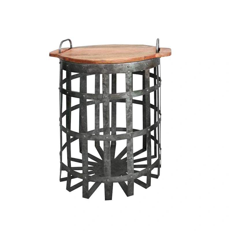 Table d'appoint industrielle en treillis galvanisé avec couvercle rond et poignées, lot de 2, gris et marron