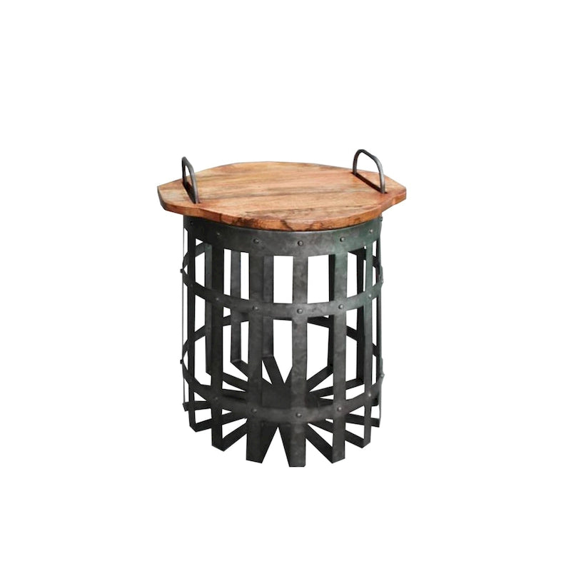 Table d'appoint industrielle en treillis galvanisé avec couvercle rond et poignées, lot de 2, gris et marron