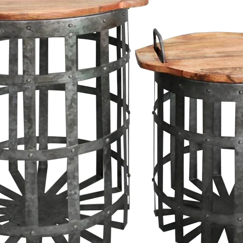 Table d'appoint industrielle en treillis galvanisé avec couvercle rond et poignées, lot de 2, gris et marron