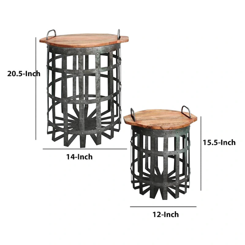 Table d'appoint industrielle en treillis galvanisé avec couvercle rond et poignées, lot de 2, gris et marron