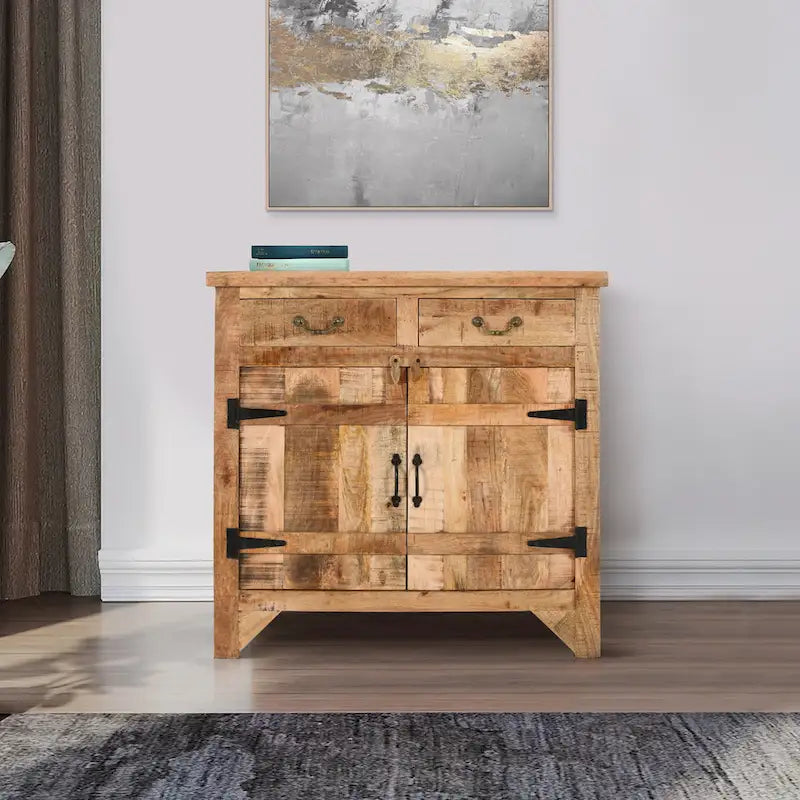 39 Inch Artisanal Farmhouse Style 2 Drawer Mango Wood Cabinet Console with 2 Door Storage Rustic Brown