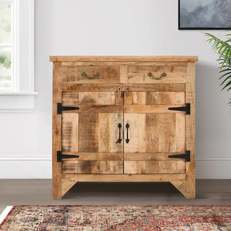 Console Cabinet en Bois de Mangue Style Ferme Artisanale avec 2 Tiroirs et 2 Portes de Rangement, 39 Pouces, Marron Rustique