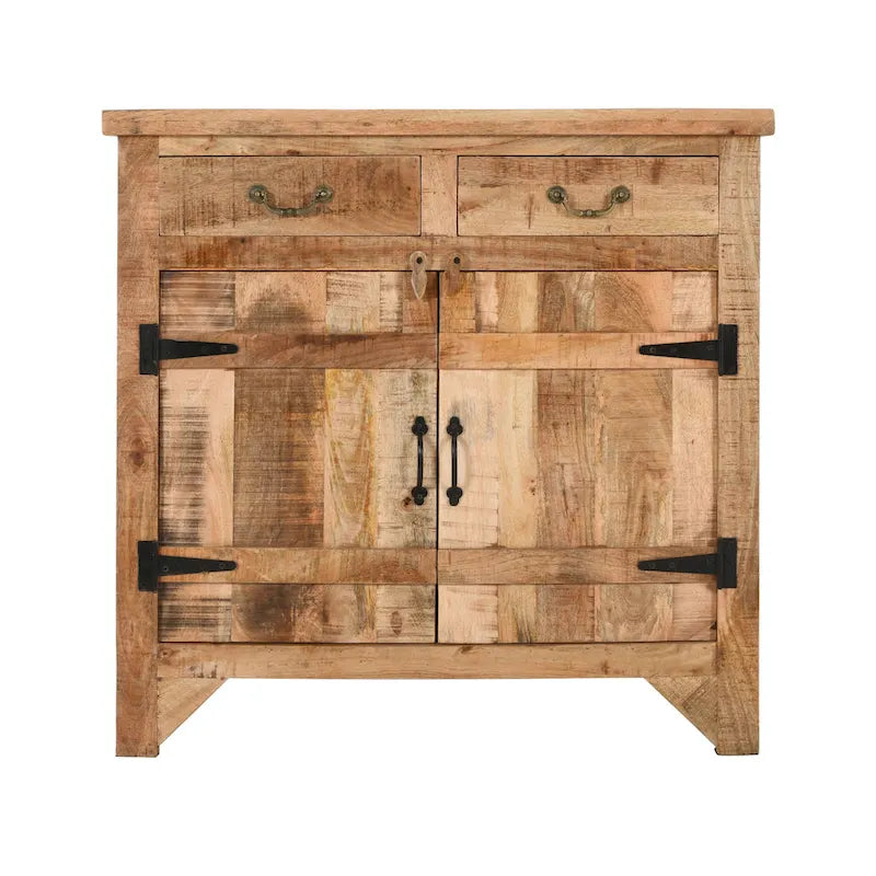Console Cabinet en Bois de Mangue Style Ferme Artisanale avec 2 Tiroirs et 2 Portes de Rangement, 39 Pouces, Marron Rustique