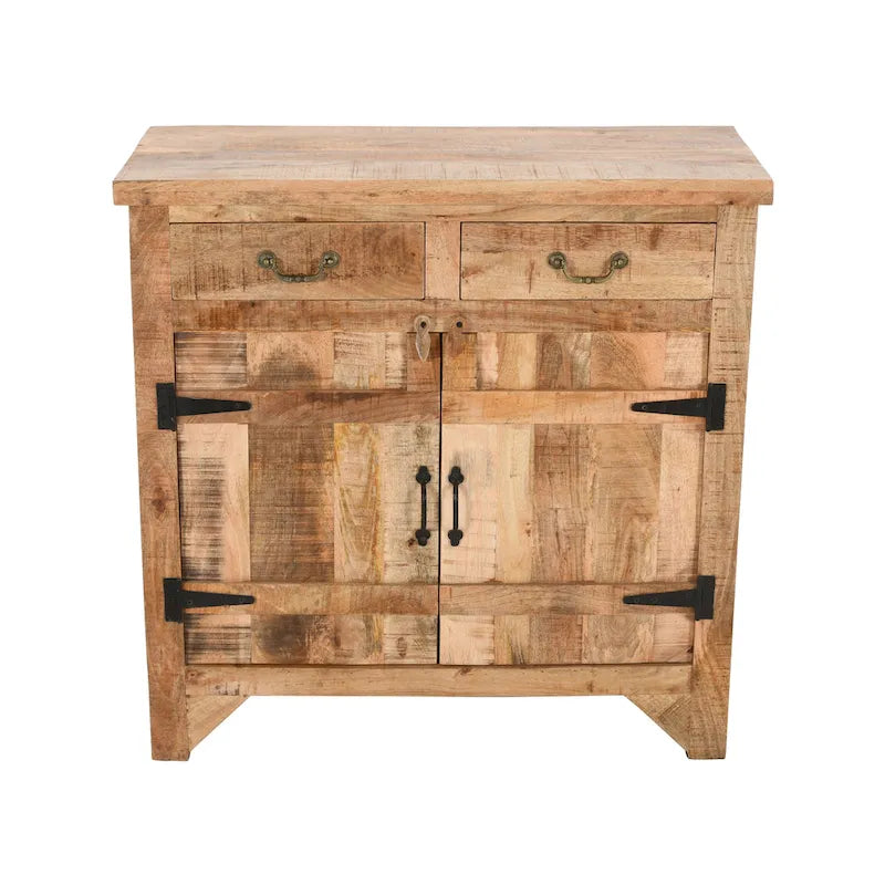 Console Cabinet en Bois de Mangue Style Ferme Artisanale avec 2 Tiroirs et 2 Portes de Rangement, 39 Pouces, Marron Rustique