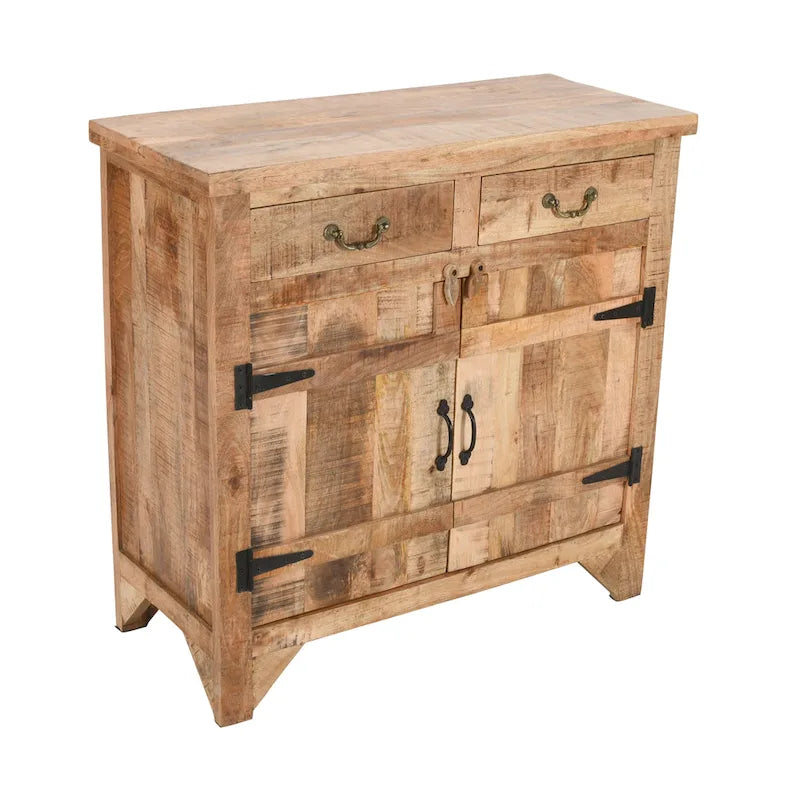 Console Cabinet en Bois de Mangue Style Ferme Artisanale avec 2 Tiroirs et 2 Portes de Rangement, 39 Pouces, Marron Rustique
