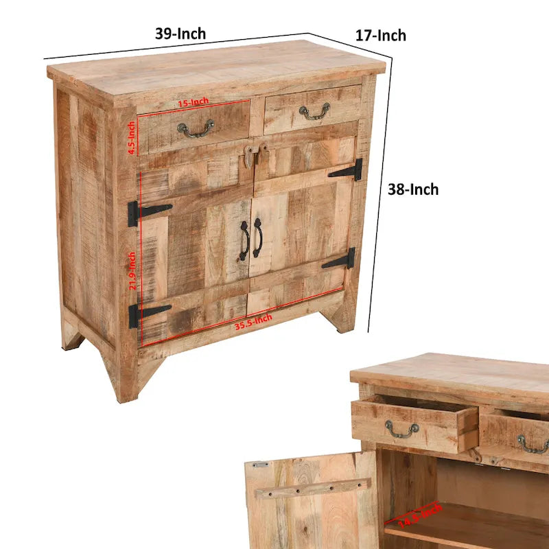 Console Cabinet en Bois de Mangue Style Ferme Artisanale avec 2 Tiroirs et 2 Portes de Rangement, 39 Pouces, Marron Rustique