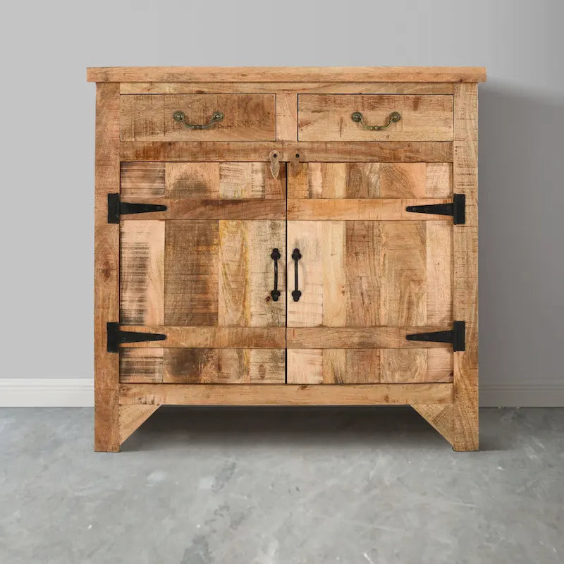 Console Cabinet en Bois de Mangue Style Ferme Artisanale avec 2 Tiroirs et 2 Portes de Rangement, 39 Pouces, Marron Rustique