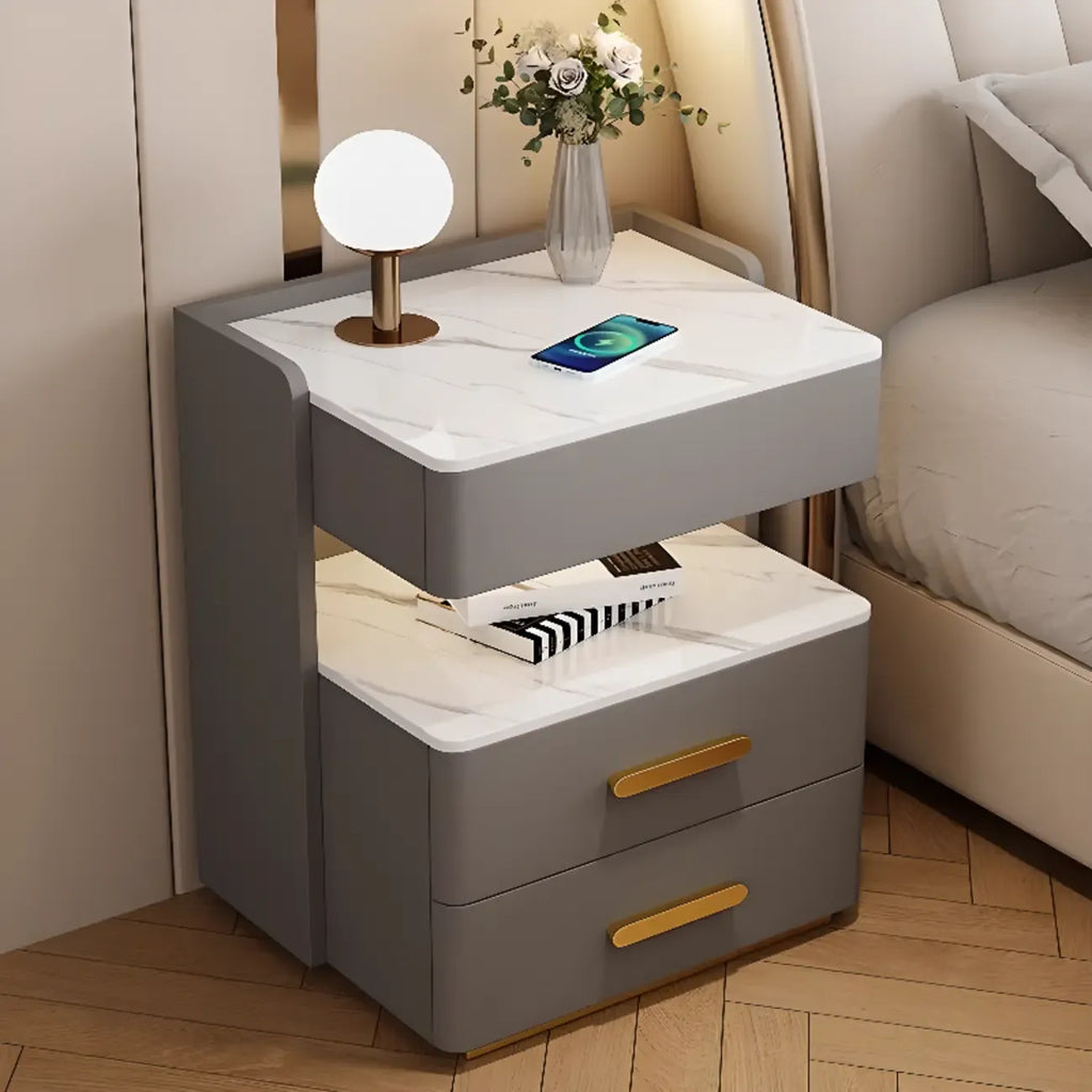 Table de chevet avec rangement à tiroirs, recharge sans fil et éclairage LED