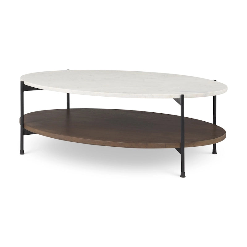 Table basse ovale avec plateau en marbre blanc Larkin et étagère en bois brun foncé