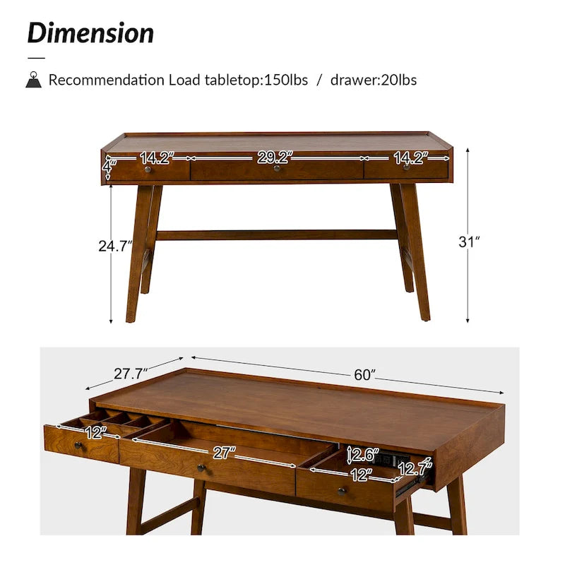 Bureau de direction Mid-century avec tiroir de rangement, gestion des câbles et station de charge