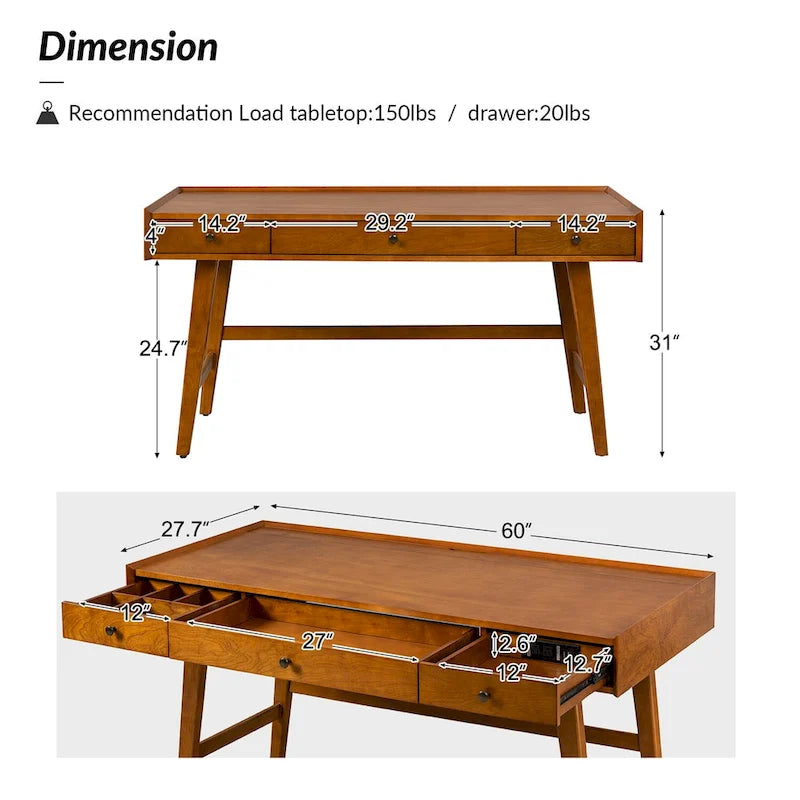 Bureau de direction Mid-century avec tiroir de rangement, gestion des câbles et station de charge