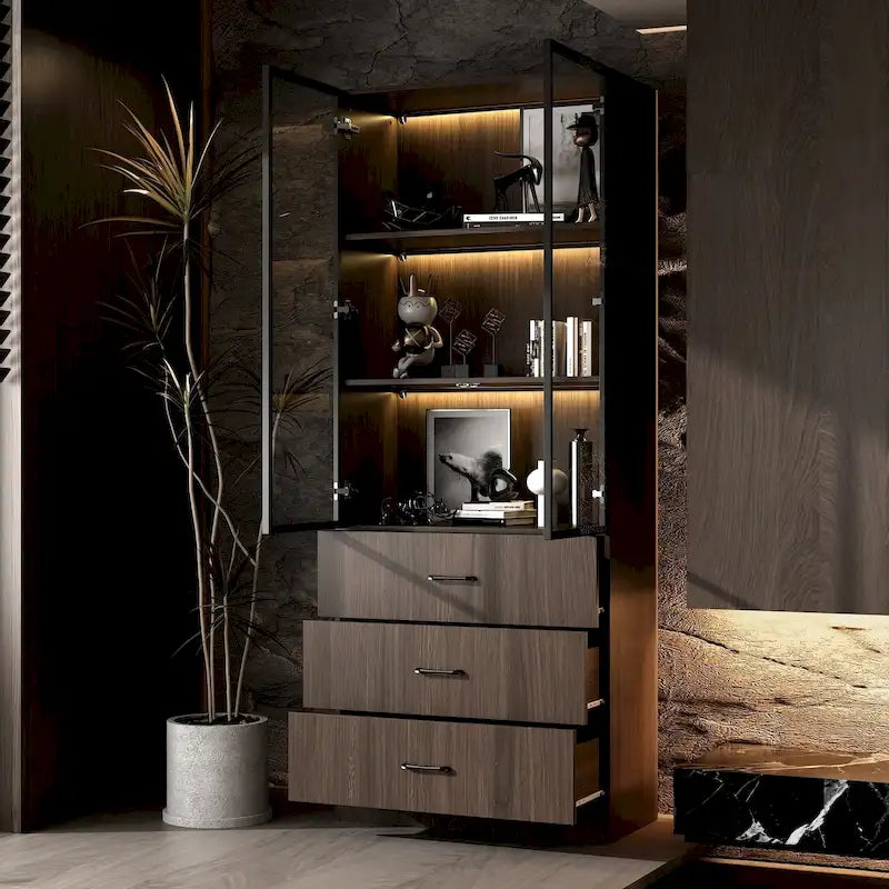 Meuble lumineux personnalisable en aluminium et verre pour buffet/bibliothèque