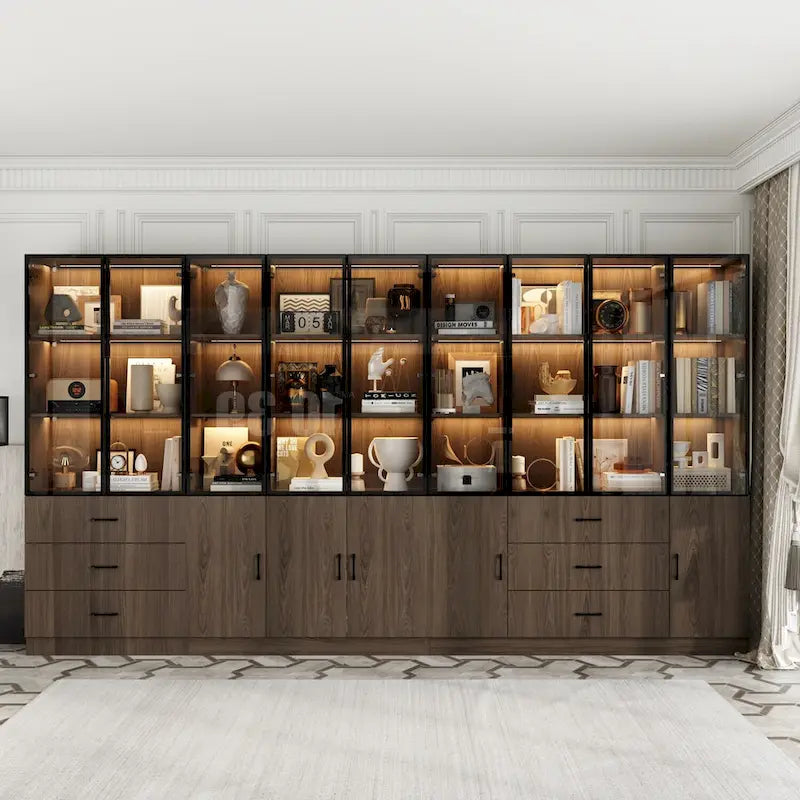 Meuble lumineux personnalisable en aluminium et verre pour buffet/bibliothèque
