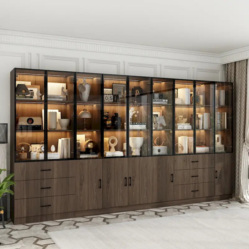 Meuble lumineux personnalisable en aluminium et verre pour buffet/bibliothèque