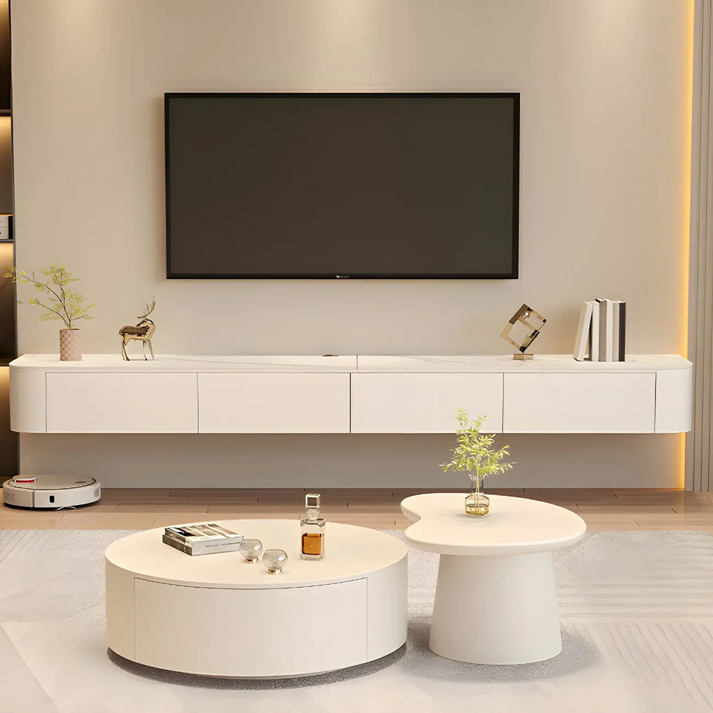 Meuble TV mural flottant moderne en pierre avec rangement, blanc