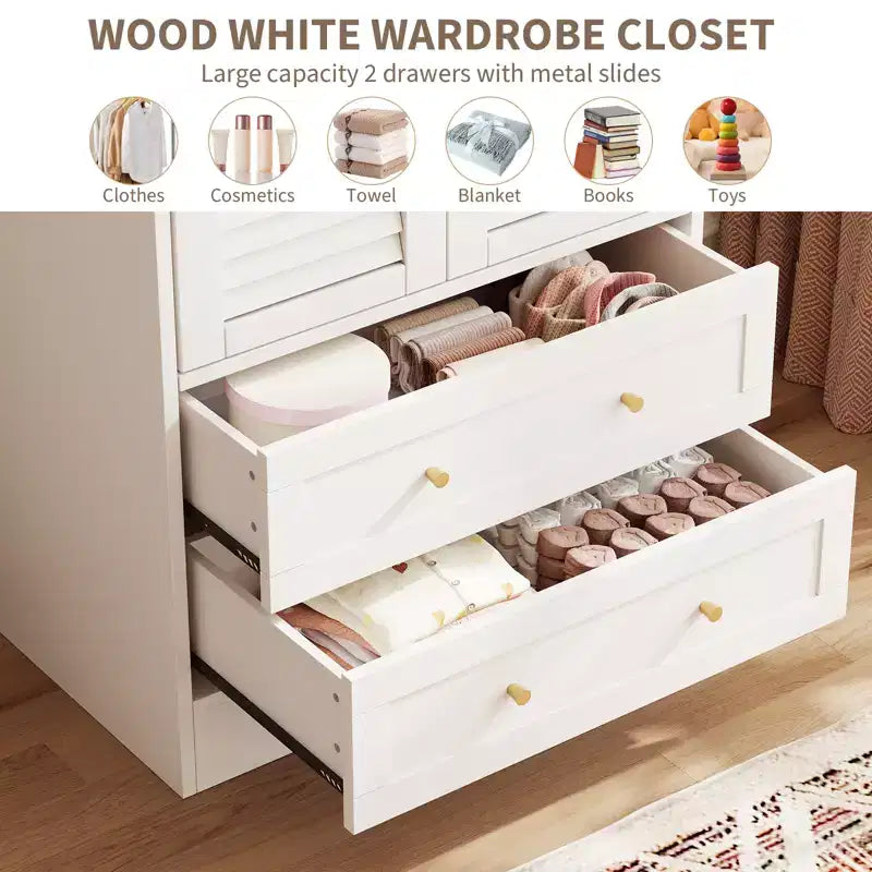 Armoire penderie à persiennes de 165 cm, Meuble de rangement en bois avec 2 portes et 2 tiroirs, Armoire de chambre avec tringle de suspension