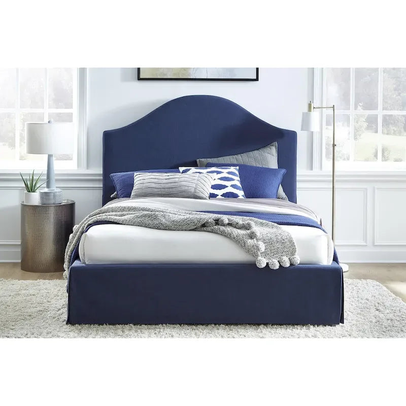 Lit plateforme de rangement capitonné avec jupe en tissu Sur en coloris marine