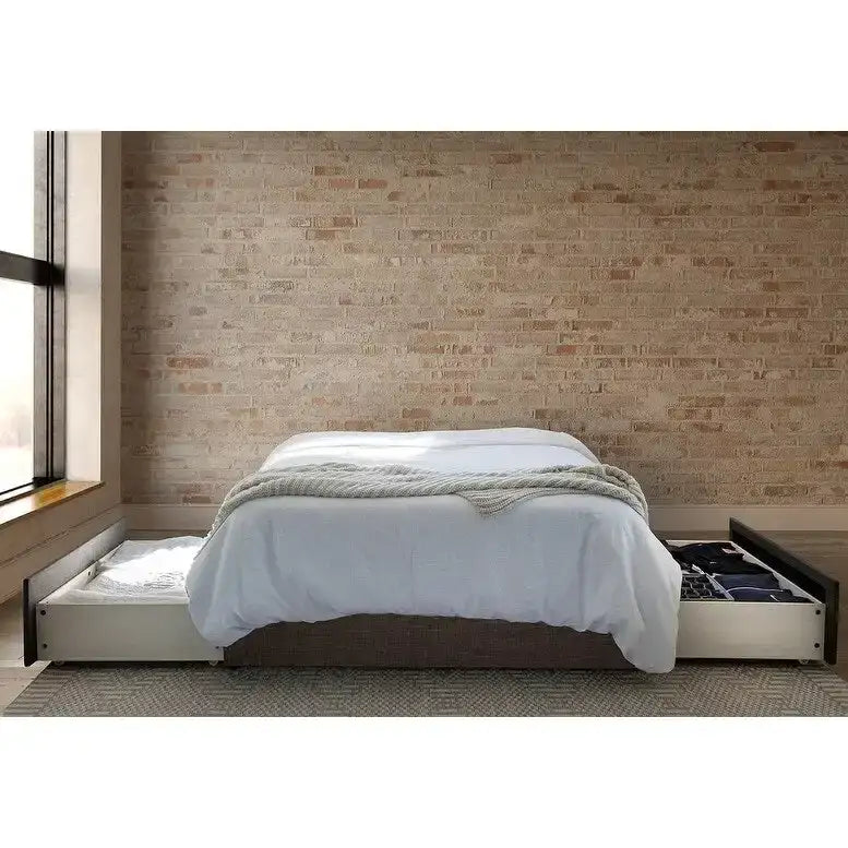 Lit plateforme capitonné gris/ivoire avec 2 tiroirs de rangement, King/Queen